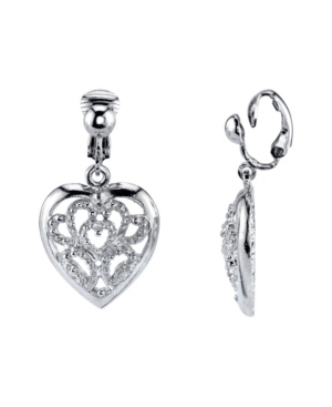 image of 2028 Silver Tone Filigree Heart Clip Drop Earrings
