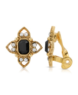 image of 2028 Gold Tone Black Rectangle Crystal Floral Clip Earring
