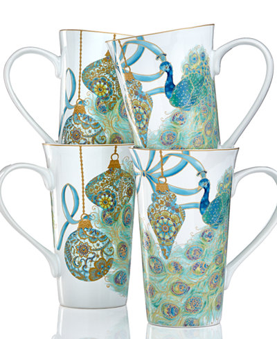 222 Fifth Lakshni Holiday Peacock Collection Set of 4 Latte Mugs