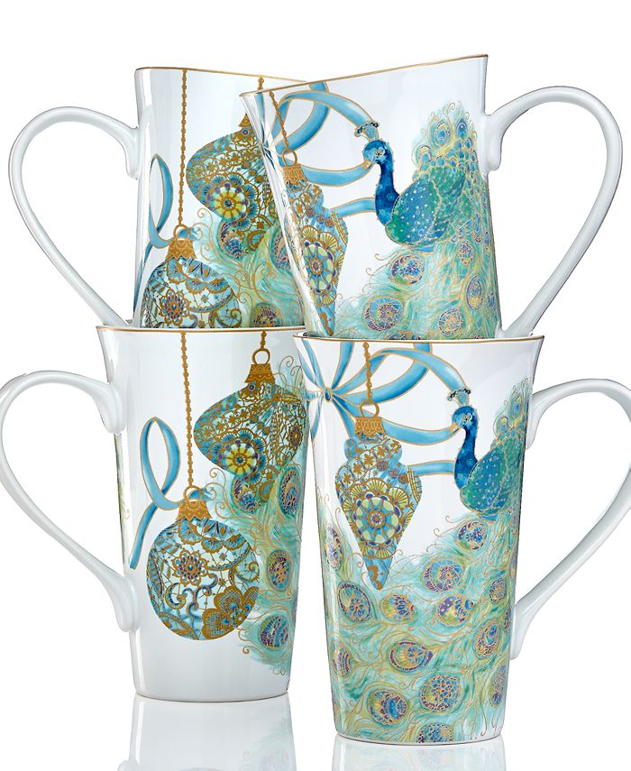 222 Fifth - Serveware, Set of 4 Lakshmi Peacock Holiday Latte Mugs