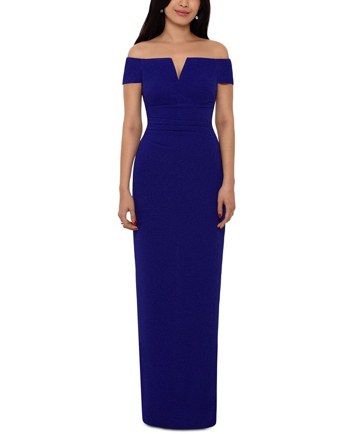 xscape off the shoulder glitter gown