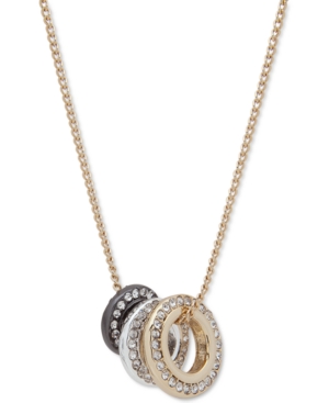image of Dkny Tri-Tone Pave Circle Pendant Necklace, 16