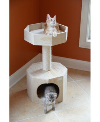 Premium Scots Pine 29-Inch Real Wood Cat Tree with Perch and Condo