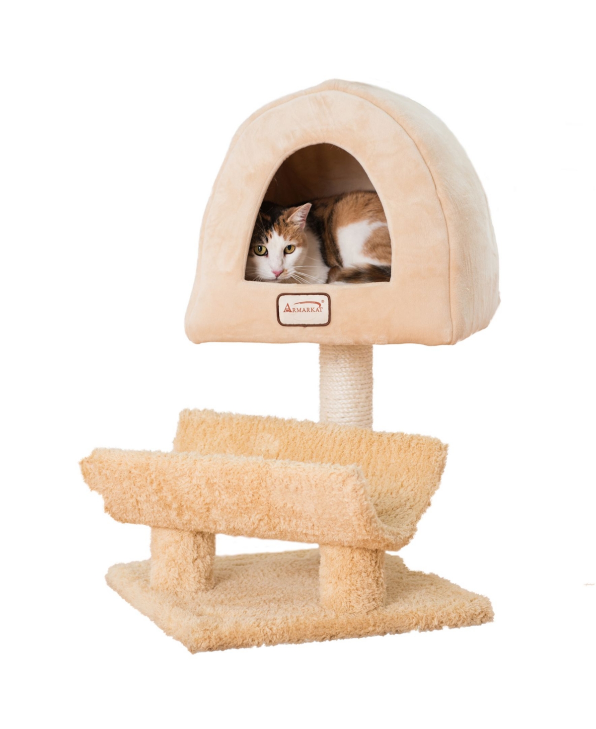 Real Wood Cat Condo, Cat Scratching Post With Plush Condo - Goldenrod