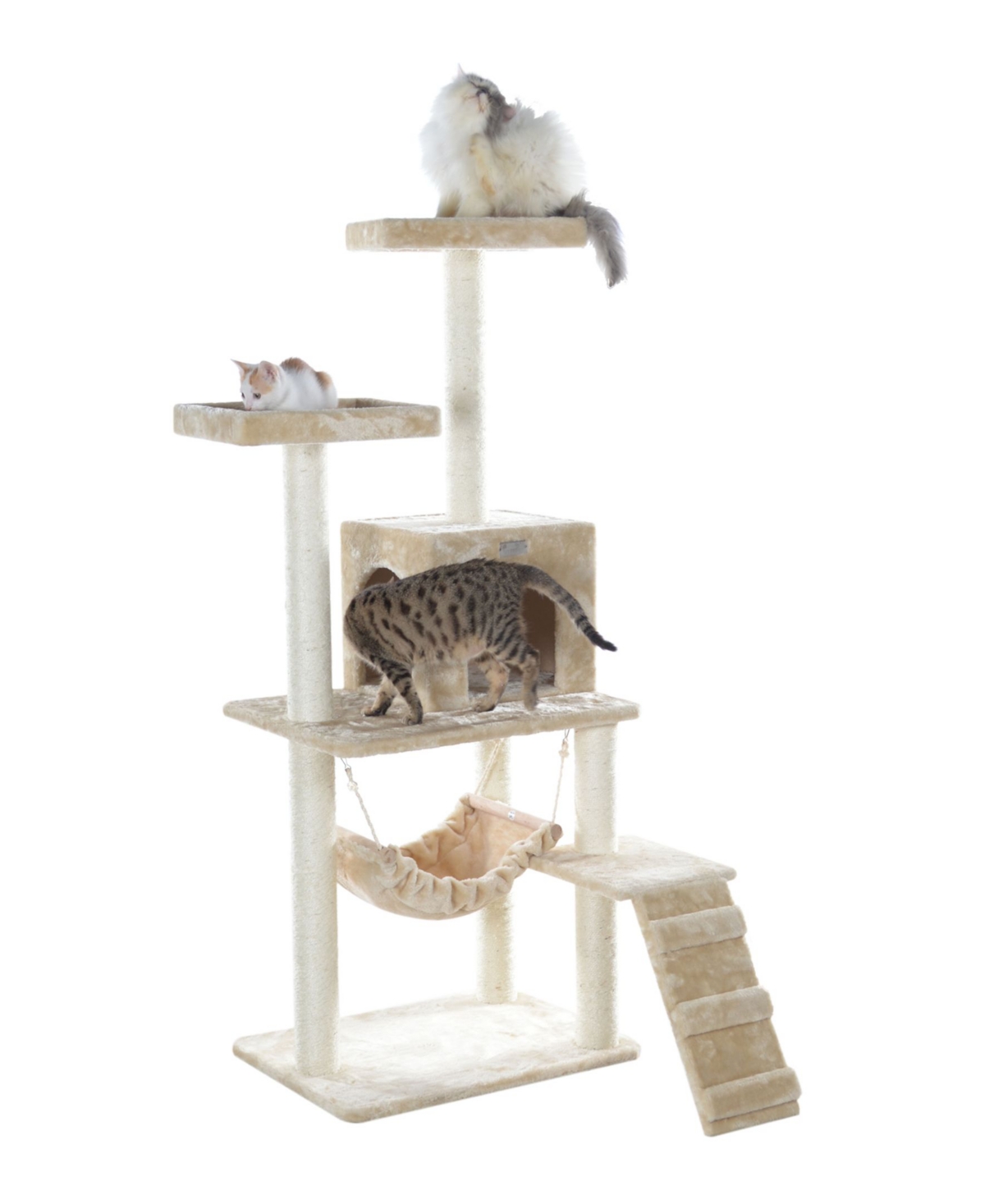 57-Inch Real Wood Cat Tree With Perches, Ramp, Condo & Hammock - Beige