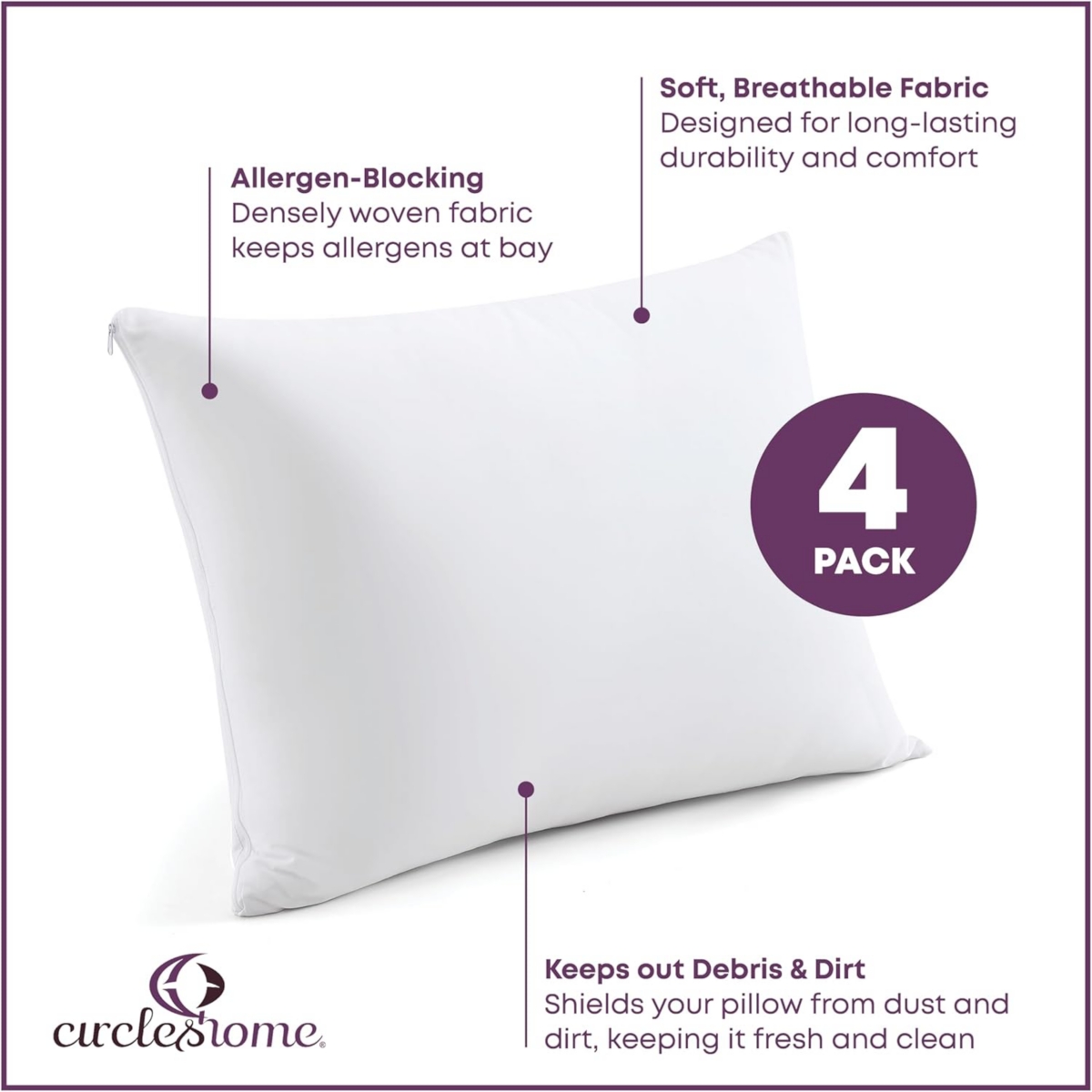 Circles Home 100% Cotton Pillow Protector with Zipper – White (4 Pack