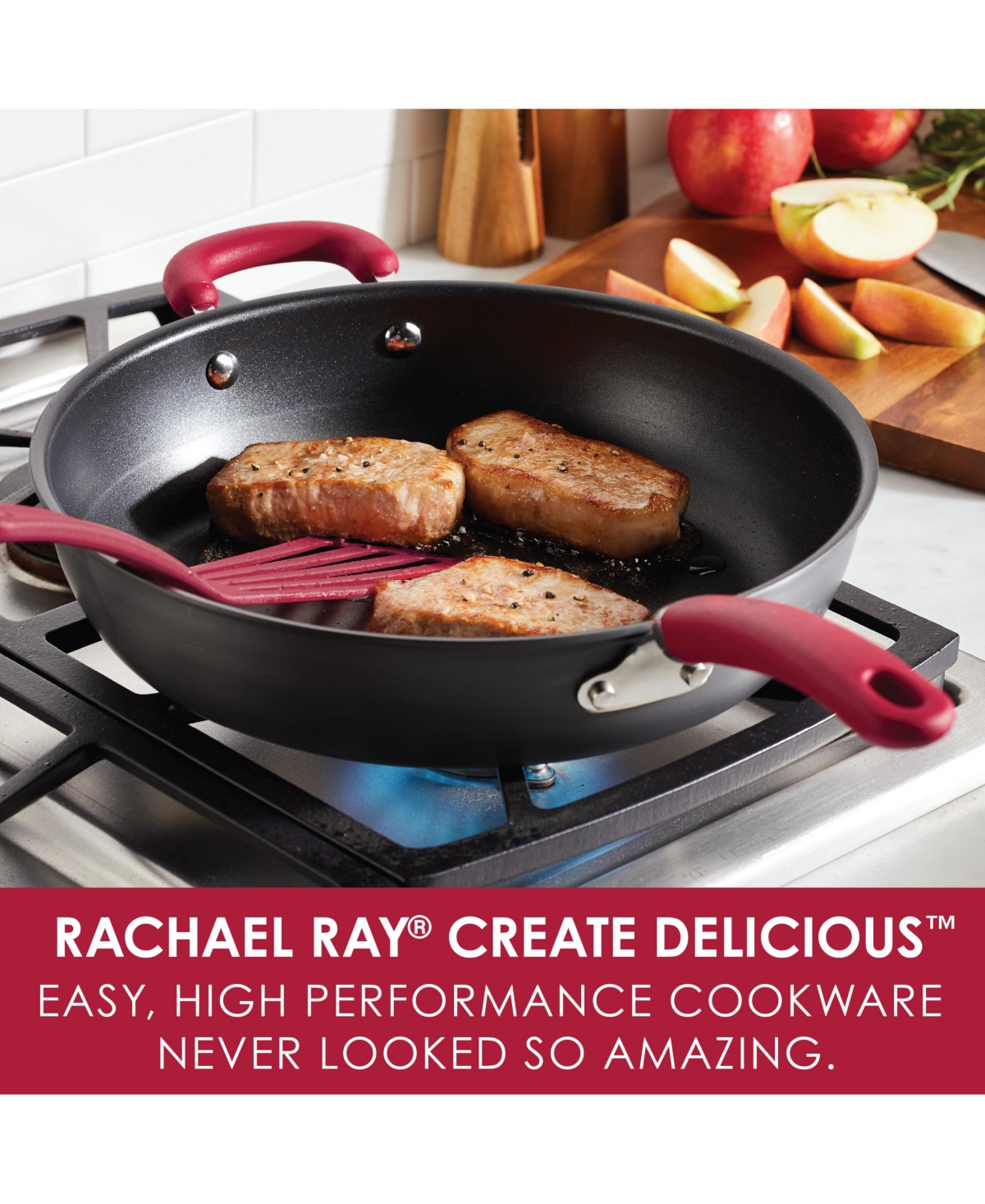 Rachael Ray Create Delicious Hard-Anodized Aluminum Nonstick Deep Skillet - Gray With Red Handle