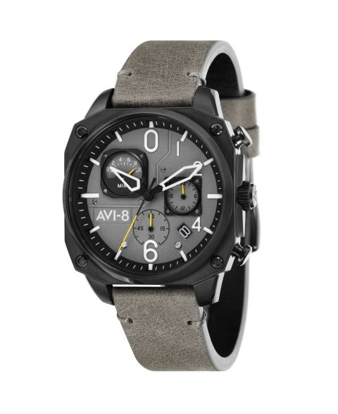 Мужские часы AVI-8 Hawker Hunter Chronograph Retrograde Edition Gray Genuine Leather Strap Watch 45mm