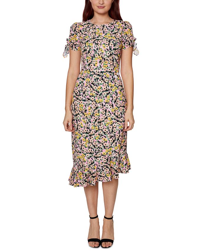 Betsey Johnson Floral-Print Embellished Tie-Sleeve Dress - Macy's