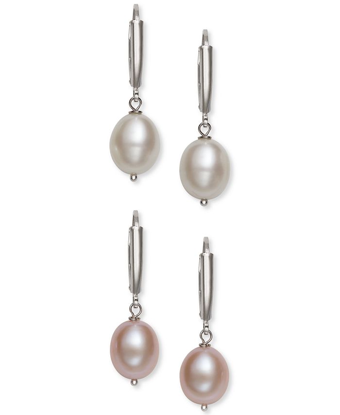 Macy's - 2-Pc. Set White & Pink Cultured Freshwater Pearl (8mm) Drop Earrings in Sterling Silver