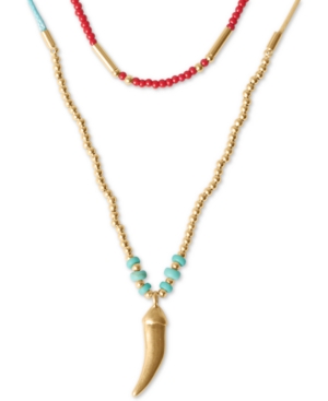 image of Lucky Brand Gold-Tone Horn Pendant Convertible Beaded Layer Necklace, 14-1/2