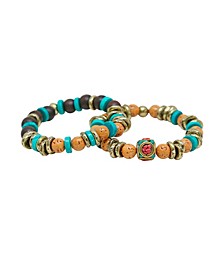 Turquoise, Wood and Brass Elastic Bracelet, Pack of 2