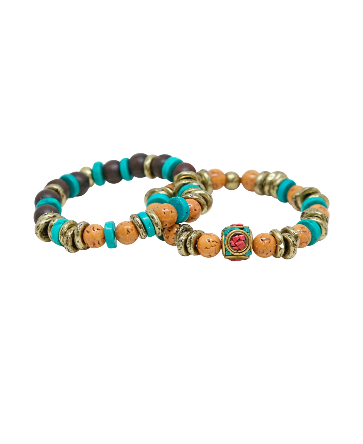 Turquoise, Wood and Brass Elastic Bracelet, Pack of 2 - Multi