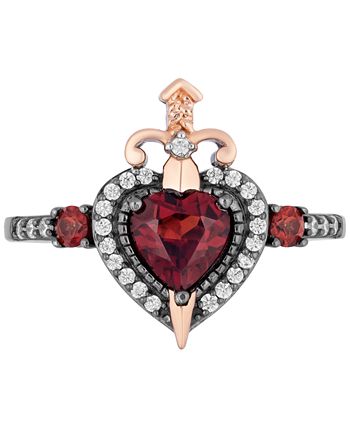 Enchanted Disney Fine Jewelry - Garnet (7/8 ct. t.w.) & Diamond (1/6 ct. t.w.) Evil Queen Heart & Sword Ring in 14k Rose Gold & Black Rhodium-Plated Sterling Silver