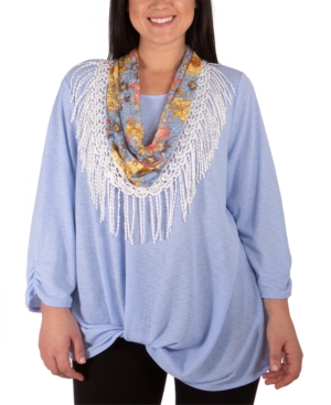 Ny Collection Plus Size Twist-Hem Fringed-Scarf Top