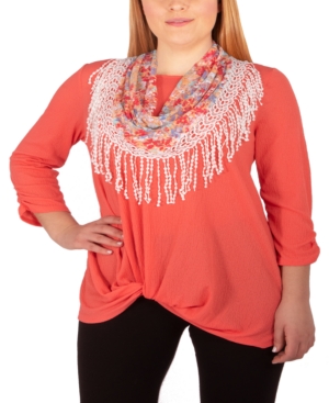 Ny Collection Plus Size Twist-Hem Fringed-Scarf Top