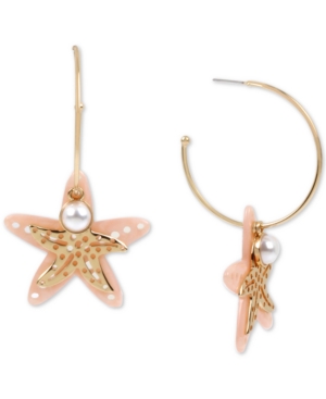 image of Betsey Johnson Gold-Tone Imitation Pearl & Starfish Charm Convertible Hoop Earrings
