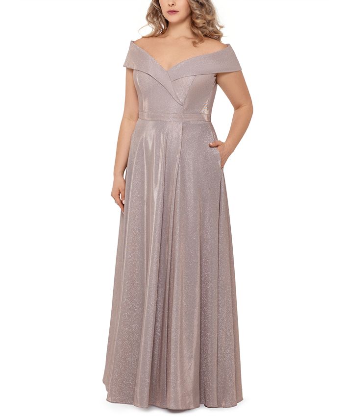 XSCAPE - Plus Size Off-the-Shoulder Glitter Gown