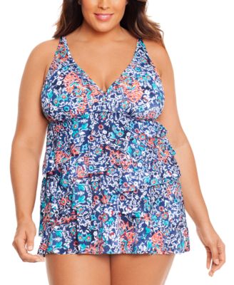 Swim Solutions - Plus Size Printed Ruffled Swimdress