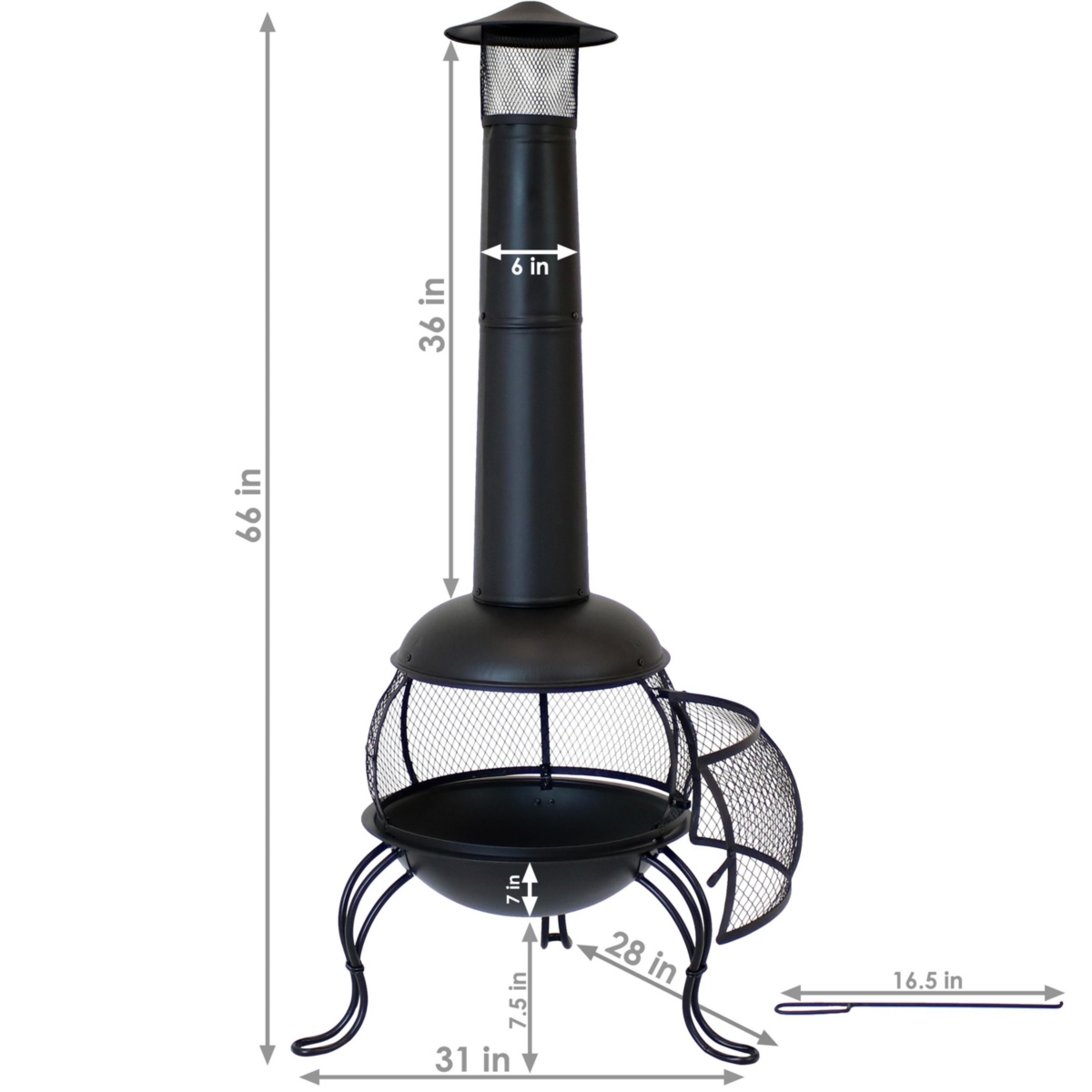 Outdoor Backyard Patio Steel Wood-Burning Fire Pit Chiminea with Rain Cap and Mesh Sides - 66" - Black