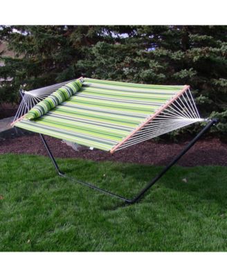 Outdoor 2-Person Quilted Fabric Hammock with Spreader Bars and Freestanding Stand