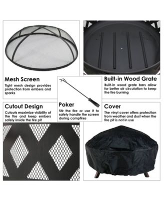 Outdoor Camping or Backyard Crossweave Cut Out Fire Pit with Spark Screen and Log Poker
