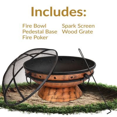 Outdoor Camping or Backyard Large Round Fire Pit Bowl with Handles and Spark Screen - 30" - Copper Finish