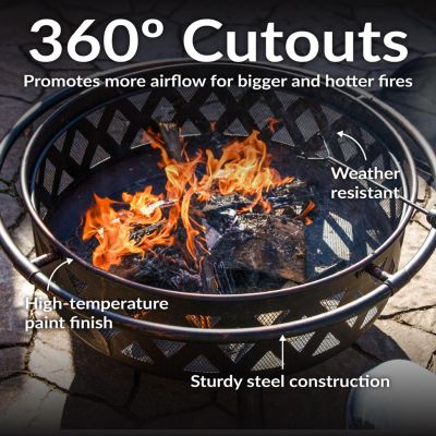 Outdoor Camping or Backyard Crossweave Cut Out Fire Pit with Spark Screen, Log Poker, and Metal Wood Grate - Bronze