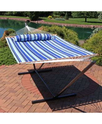 Outdoor 2-Person Quilted Fabric Hammock with Spreader Bars and Freestanding Stand