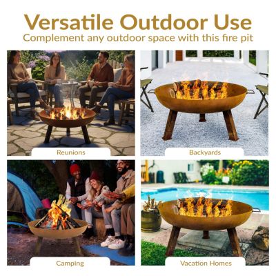 Outdoor Camping or Backyard Round Cast Iron Rustic Fire Pit Bowl with Handles