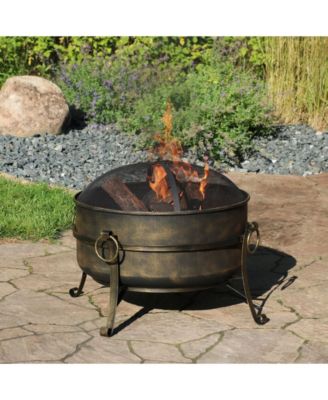 Outdoor Camping or Backyard Round Cauldron Fire Pit with Spark Screen, Log Poker, and Metal Wood Grate