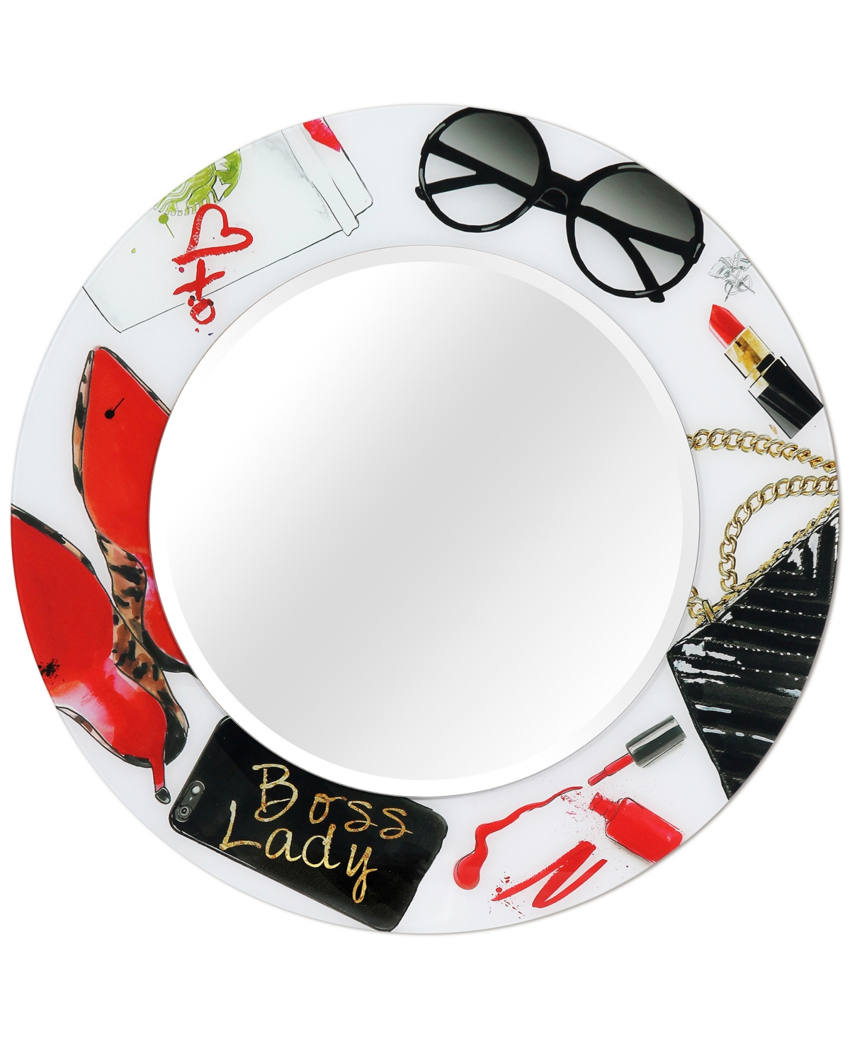 Boss Lady Round Beveled Wall Mirror on Free Floating Reverse Printed Tempered Art Glass, 36" x 36" x 0.4" - Multi