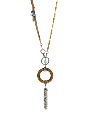 image of T.r.u. by 1928 Brass Silver Tone Genuine Howlite Turquoise Dyed Circle Tassel Drop Necklace