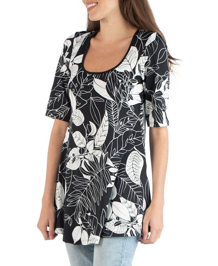 24seven Comfort Apparel Botanical Print Elbow Sleeve Swing Top Macy's