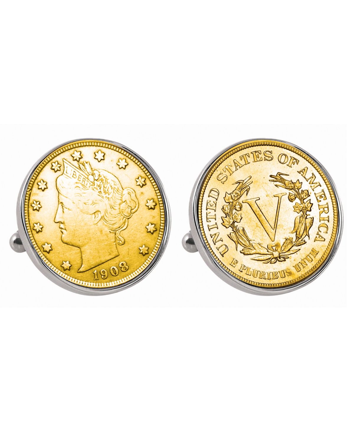 Gold-Layered Liberty Nickel Bezel Coin Cuff Links - Silver