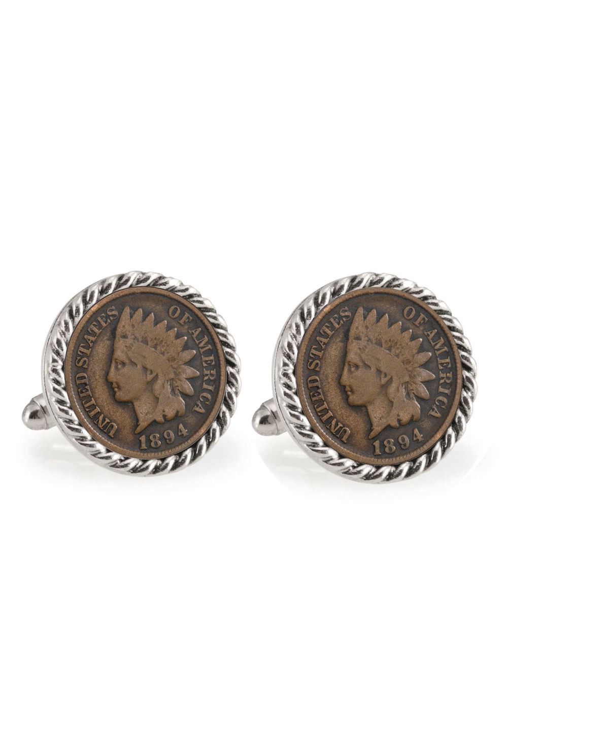 1800's Indian Head Penny Rope Bezel Coin Cuff Links - Silver