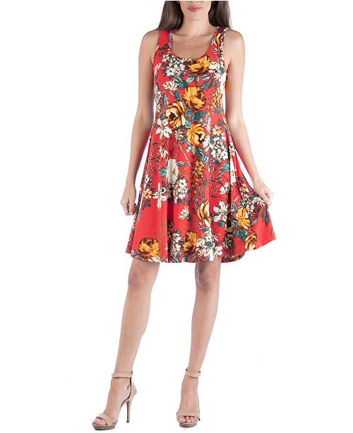 24seven Comfort Apparel Red Floral Print A Line Fit And Flare Mini