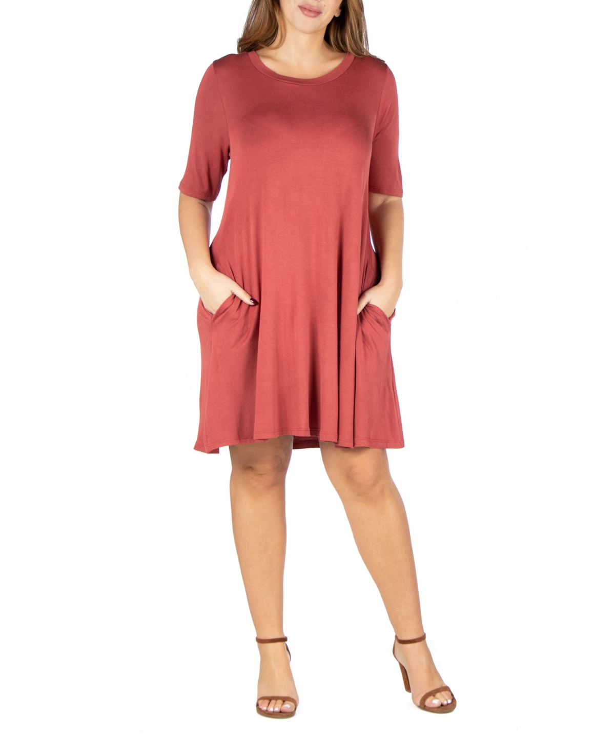 Shop 24seven Comfort Apparel Plus Size Knee Length Pocket T-shirt Dress In Cinnamon
