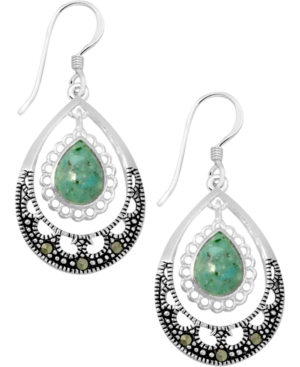 image of Swarovski Marcasite & Simulated Turquoise Teardrop Drop Earrings in Fine Silver-Plate