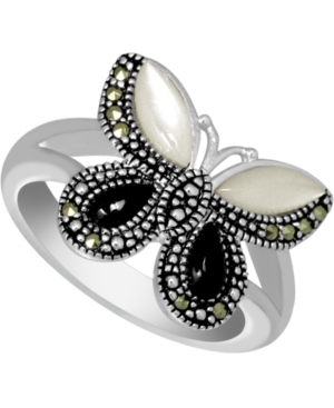 image of Swarovski Marcasite, Onyx, & Mother-of-Pearl Butterfly Ring in Fine Silver-Plate