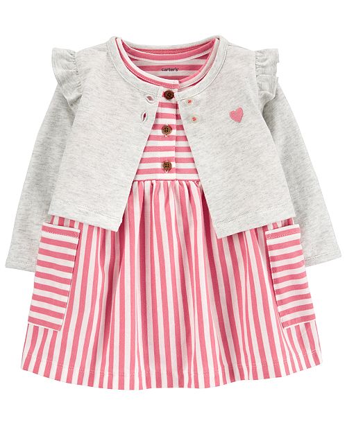 Baby Girls 2 Pc Striped Cotton Dress Cardigan Sweater Set