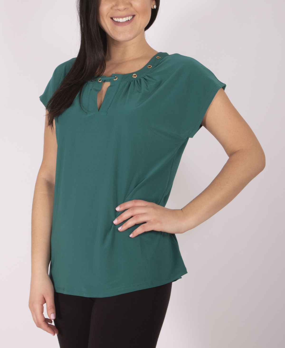 Ny Collection Plus Size Short Sleeve Jewel Neck Top With Grommets In Green