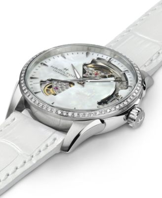 Women's Swiss Automatic Jazzmaster Open Heart Diamond 1/3 ct. t.w. White Leather Strap Watch 36mm