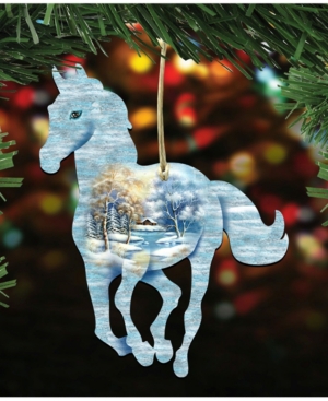Designocracy Running Pony Scenic Wooden Christmas Ornament Set of 2
