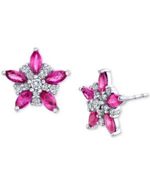 image of Ruby (1 ct. t.w.) & Diamond (1/5 ct. t.w.) Star-Flower Stud Earrings in 14k White Gold