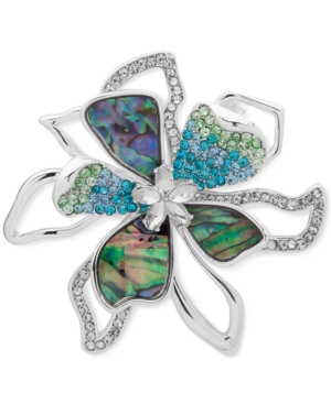 image of Anne Klein Silver-Tone Crystal & Stone Flower Pin