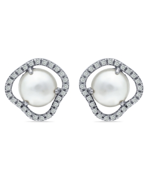image of Imitation Pearl Cubic Zirconia Halo Button Earring in Fine Silver Plate