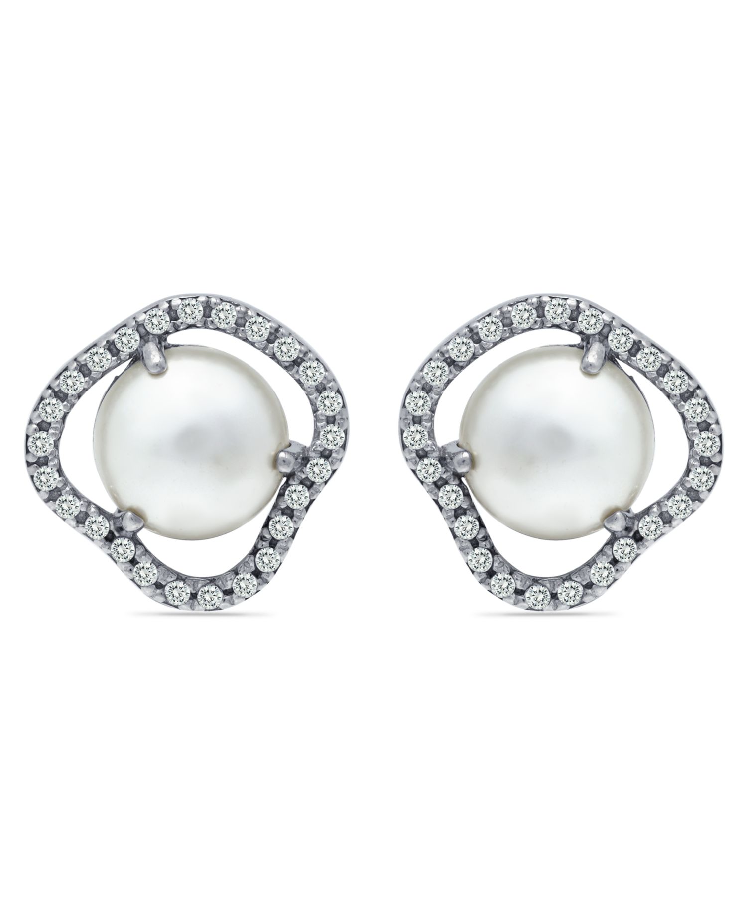 Imitation Pearl Cubic Zirconia Halo Button Earring in Silver Plate