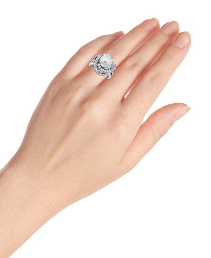 Macy's - Imitation Pearl and Cubic Zirconia Pave Swirl Ring in Fine Silver Plate
