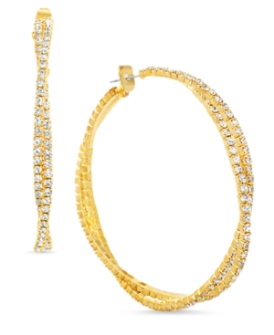 image of Steve Madden Gold-Tone Medium Crystal Twisted Double Hoop Earrings, 2.04